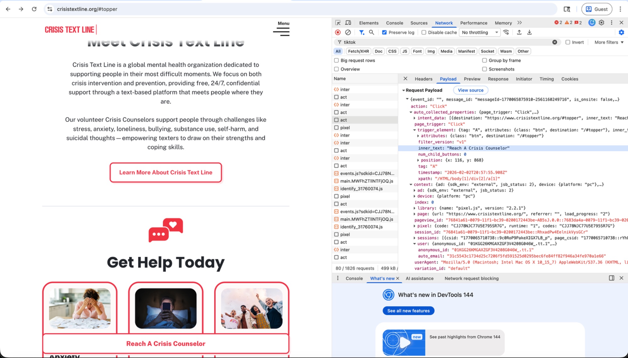 TikTok pixel capturing Reach A Crisis Counselor click on crisistextline.org