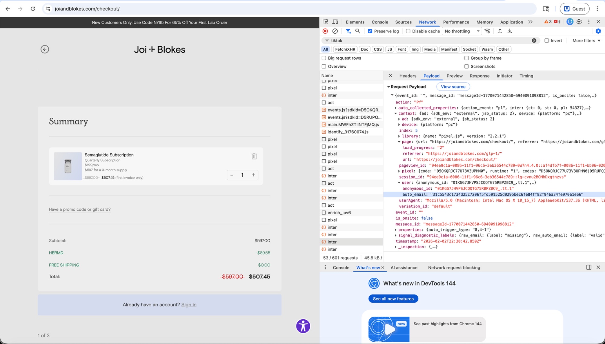 TikTok pixel capturing email and GLP-1 referrer on prescription drug checkout