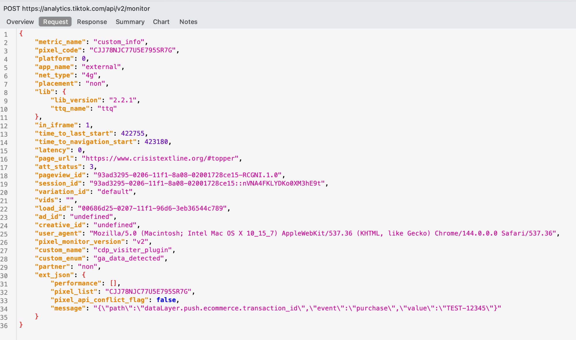 TikTok's monitor endpoint capturing our test transaction ID